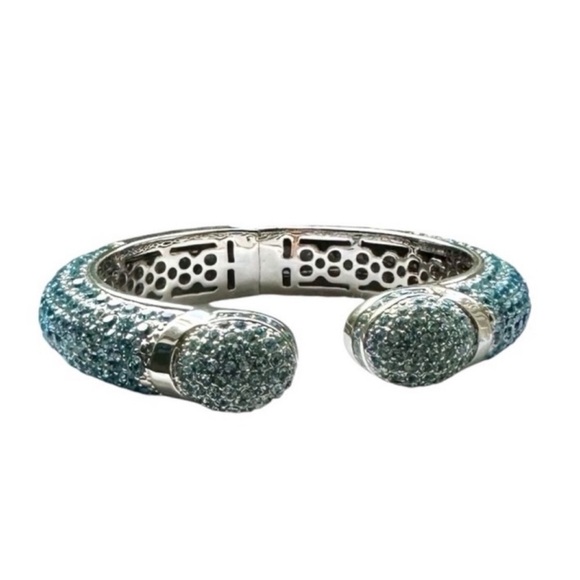 Joan Boyce Aqua Blue Pave Crystal “Kissable" Silver Cuff Bracelet - Picture 4 of 8